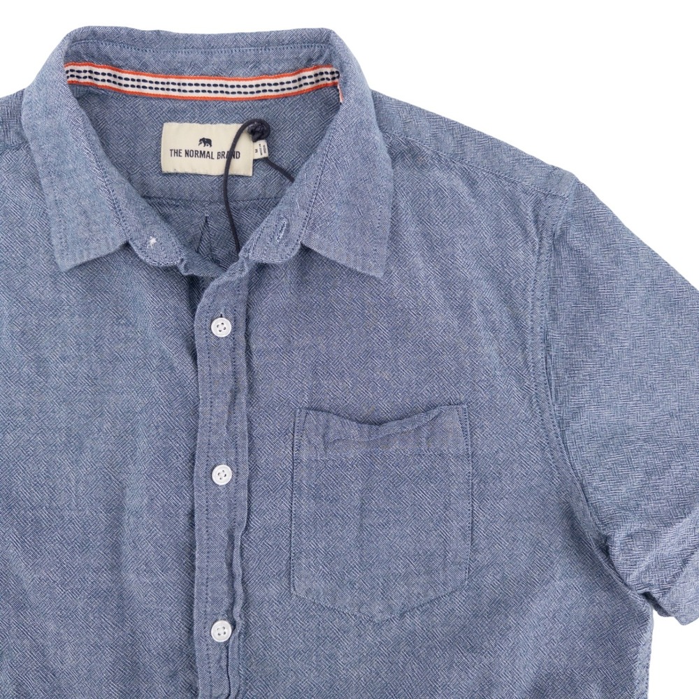 The Normal Brand Mens Med Freshwater Button Up Shirt Blue Textured Short Sleeve